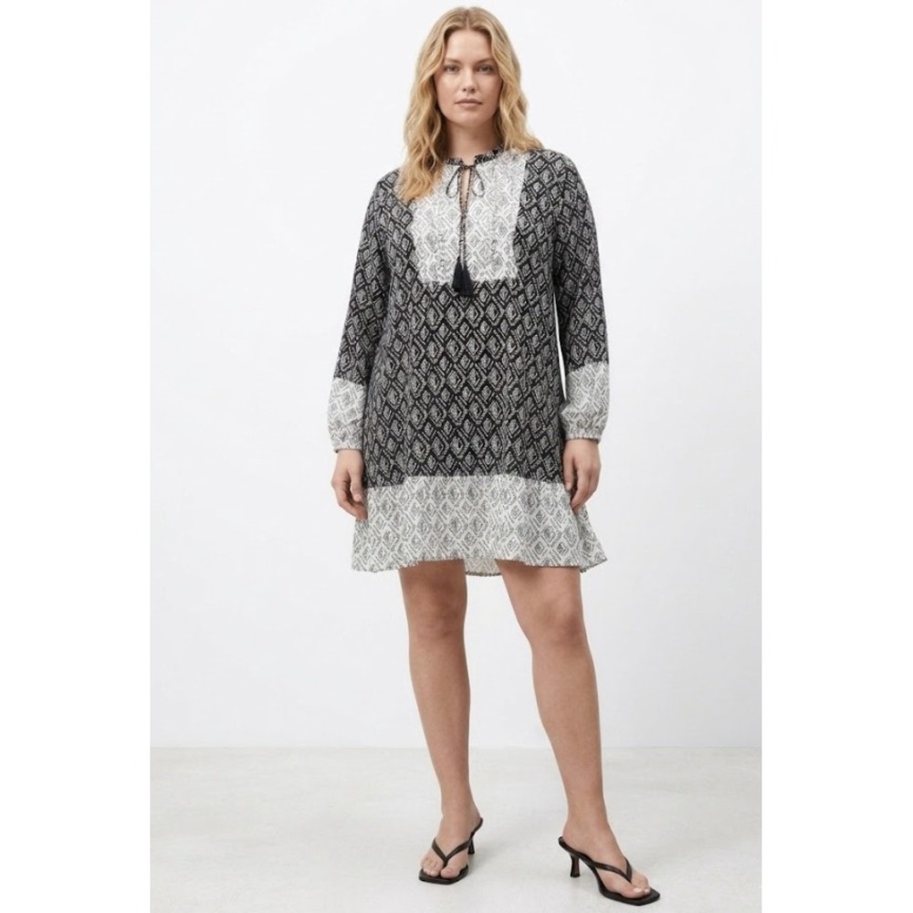 Zara Mini Dress XL‎ Black White Geometric Tie Front Boho Ruffle Festival